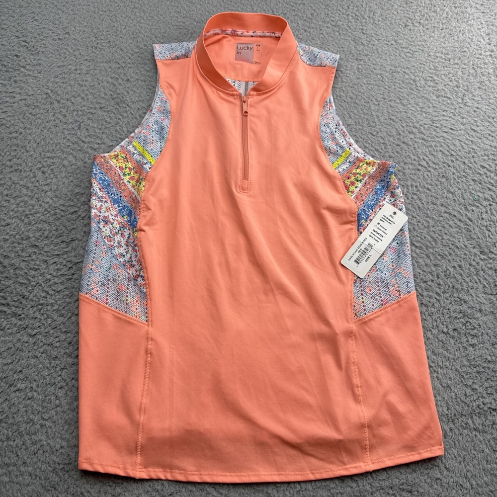 Lucky in Love Golf Top Womens Large Peach NEW Floral 1/2 Zip GT195-R37823